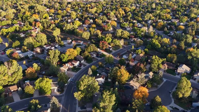 Aerial view of residential area of Fort Collins in northern Colorado in early fall morning scenery