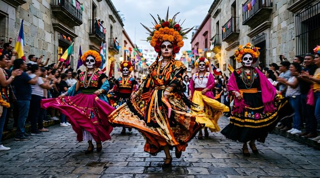 Women in traditional sugar skull makeup dance during a cultural parade