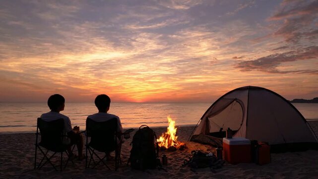 Couple camping on beach at sunset with bonfire and tent outdoor leisure adventure lifestyle travel ocean