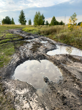 Wet, muddy road with deep puddles and cracked earth