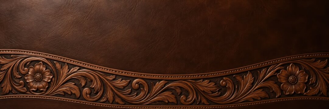 carved floral ornament border on brown leather texture. western craft design with copyspace for banner and website header. elegant background.