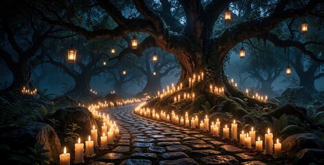 Obraz premium Mystical stone path leads through ancient dark forest at night. Many glowing candles, hanging lanterns light up winding way between old trees. Magical atmosphere creates dreamy fairytale mood in deep