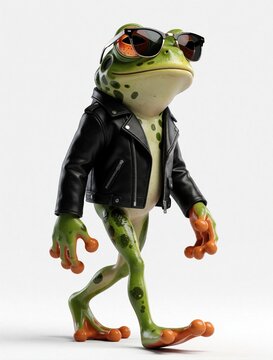 Funny 3d cartoon green frog wearing black leather jacket, cool sunglasses. Stylish amphibian character walks confidently on white background. Cool animal mascot with trendy fashion style for business