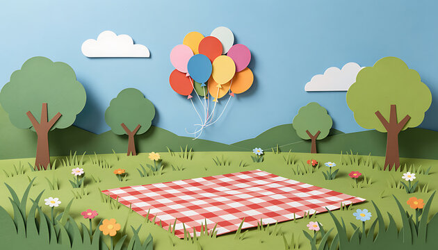 Paper craft illustration of a sunny park landscape with picnic blanket and balloons sunny day colorful balloons summer meadow paper art.