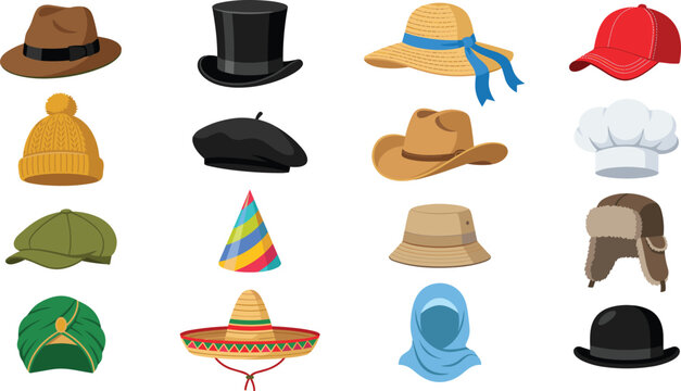 Diverse Headwear and Hats Vector Icon Collection Featuring Cowboy Hat Fedora Sombrero Hijab Turban and Baseball Cap for Fashion Graphic Designs