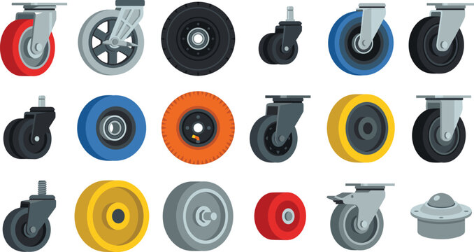 Industrial Caster Wheels and Trolley Rollers Vector Icon Collection Featuring Swivel Brake Fixed and Ball Transfer Units for Furniture and Logistics Graphic Designs