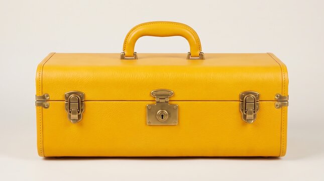 Vibrant yellow leather toolbox, a retro-inspired storage box with brass hardware; classic portable container for tools or crafts, perfect for creative projects and home organization.