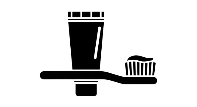 Black silhouette icon of a toothbrush and toothpaste tube isolated