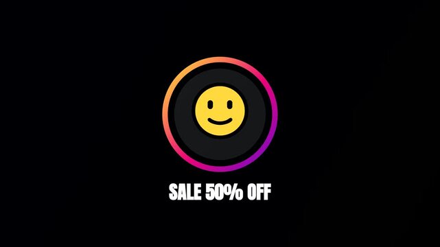 Animated sale 50% off motion graphic badge, smiley face discount offer icon on black background, social media promotional banner animation