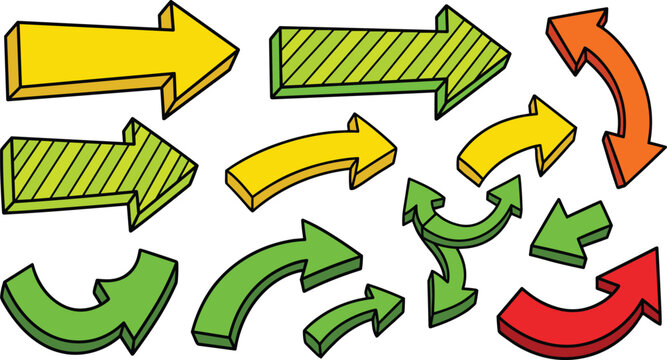 Colorful 3D doodle arrow collection featuring various curved straight and striped hand drawn pointer signs