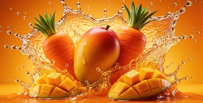 Fresh mango, carrot shaped fruit splash in orange juice. Juicy liquid burst surrounds ripe tropical mango slices, exotic carrot fruits. Vibrant healthy food beverage with dynamic water drops on