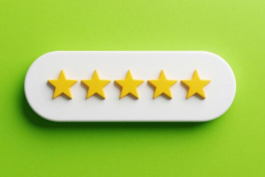 Five yellow star icons on white oval banner over green background. Quality rating concept shows top feedback for business service. Customer review symbol represents excellence, success in five star