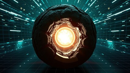 Fototapeta premium Dark sphere reveals bright core. Lines radiate from center, creating futuristic tunnel effect. Dramatic lighting emphasizes depth, texture.