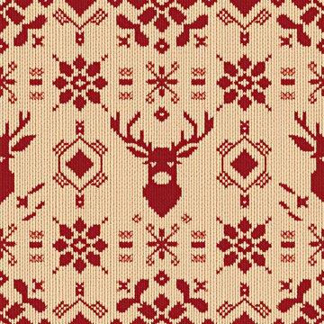 Red knitted Christmas seamless pattern with deer and Nordic ornaments, cozy winter sweater texture background