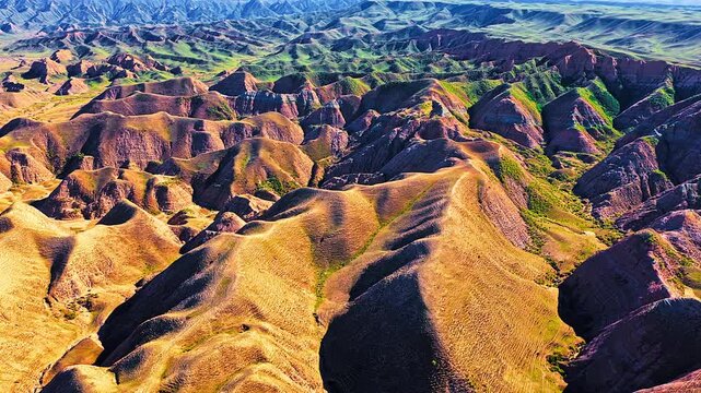 High angle view reveals colorful landforms and rolling hills at Danxia landform in Xinjiang during daytime.