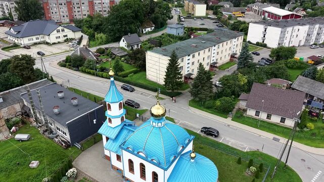 Iecava Russian Orthodox Church of the Nativity with Golden Domes and Crosses, Latvia