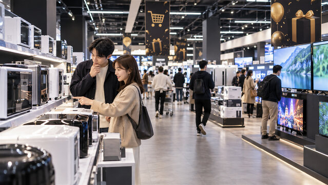 ブラックフライデーの装飾で賑わう家電量販店で電子レンジを選ぶ若いカップル。お得なセールで買い物を楽しむ休日。 generative ai