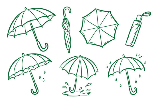 Hand-drawn umbrella doodle set with open closed and rainy weather parasol sketches.