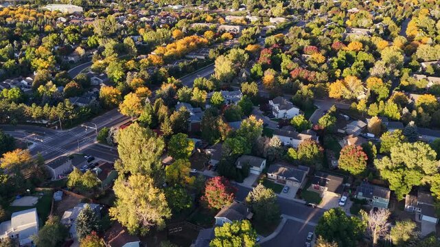 Aerial view of residential area of Fort Collins in northern Colorado in early fall morning scenery