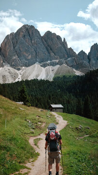 Father Hiking with Child Carrier Backpack on Mountain Trail