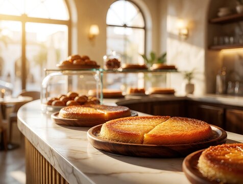 Delicious Middle Eastern dessert knafeh bil jibn on marble counter in cafe. Traditional sweet pastry with crispy dough, melted cheese sits on wooden plates. Morning sun shines through large windows