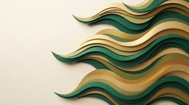 Layered paper cut waves abstract background in green and gold
