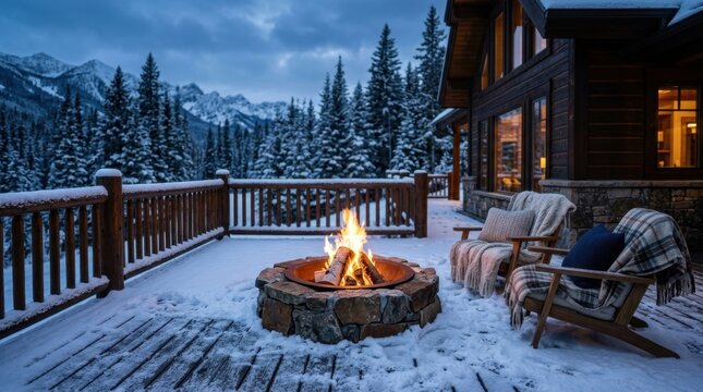 Warm fire pit on a snowy wooden deck outside a cozy cabin in a winter forest at twilight