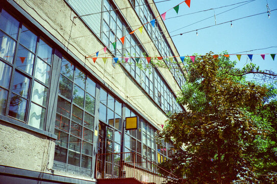 Facade of a former Soviet factory in Tbilisi, Georgia