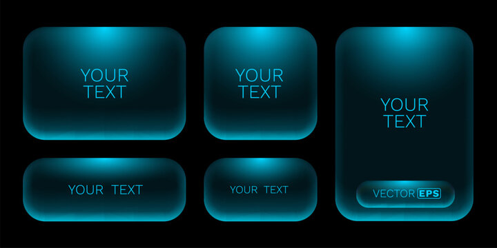 Modern, glowing blue-green user interface frames and buttons on a dark background.