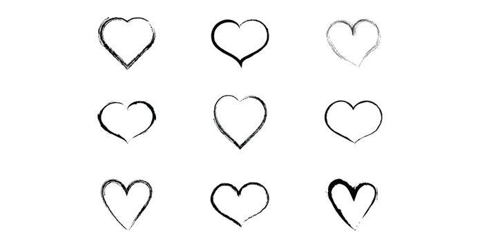 Brush stroke heart outline set. Rough grungy hand drawn scribble. Simple cute love and romantic icons. Abstract doodle heart shapes trendy minimal sketch.