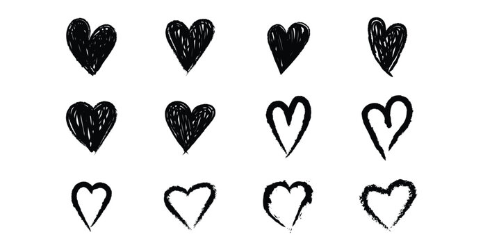 Grunge black hearts icons set. Collection of cute black brush stroke heart icons in expressive hand drawn styles.  Clean vector illustrations isolated on a white background for versatile design use.