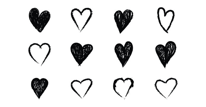 Black Brush Stroke Heart Icon Collection. Hand Drawn cute Love Symbols with Inked Artistic Marks. Suitable for love, romance, Valentine&rsquo;s Day, greeting cards, branding and creative design projects.