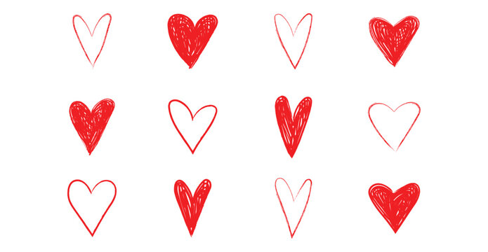 Cute Brush Stroke Heart Icon set. Collection of red brush stroke heart icons in different shades . Features artistic ink marks, rough outlines, organic shapes and freehand brush details. 