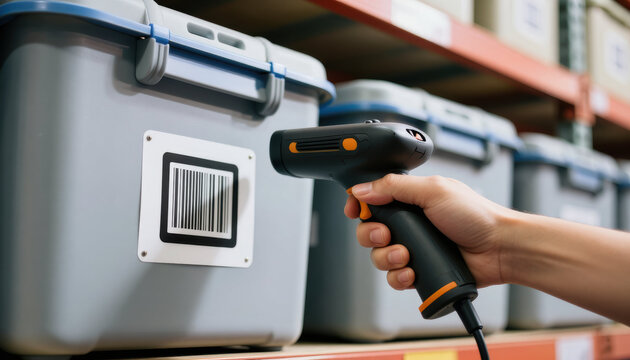 Warehouse employee scanning barcode on storage box in warehouse aisle with hand held scanner and shelf inventory