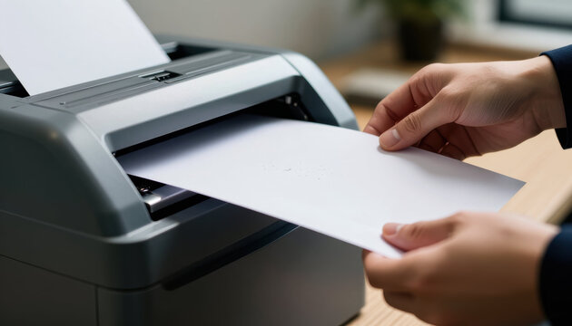 Office worker using paper shredder in office, hands feed document into security shredder for confidential disposal