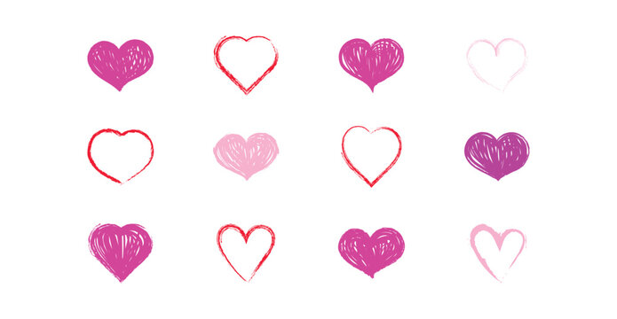 Brush Stroke Heart Icon set. Collection of pink brush stroke heart icons in different shades . Features artistic ink marks, rough outlines, organic shapes and freehand brush details. 
