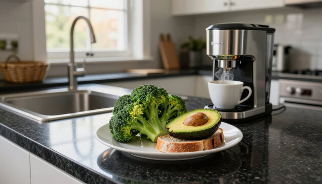Broccoli avocado breakfast kitchen plate coffee machine countertop healthy food