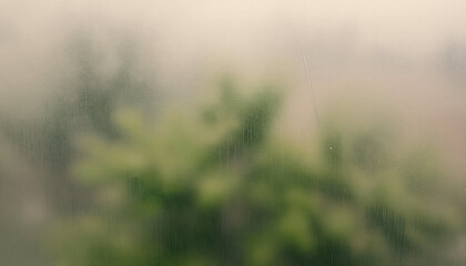 Obraz premium Blurred window glass with fine raindrop and green plant background, soft morning light and misty mood