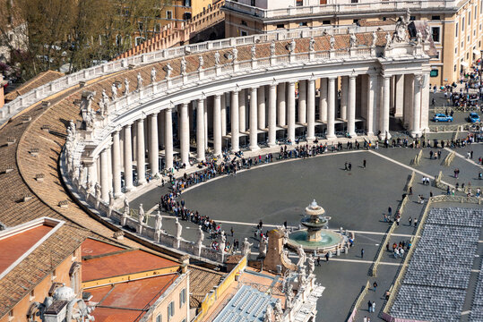 Right Colonnade of St Peters Square with Long Queue of Tourists, Vatican City