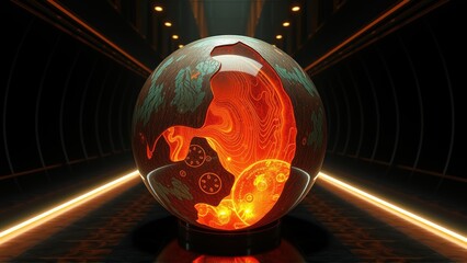 Fototapeta premium Glowing sphere dominates dark room. Fiery interior visible through cracks. Futuristic setting with bright lines, reflections present.