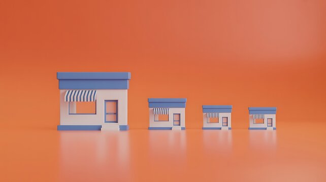 3D illustration of business growth with four small store shops decreasing in size on an orange background representing market decline and shrinkage