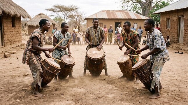 African men playing traditional drums in a village setting with onlookers gathered
