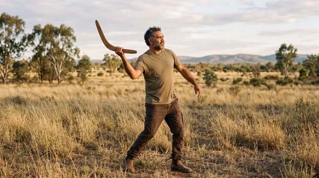 Indigenous Australian man throwing a boomerang in a dry grassy field with trees and hills in the background