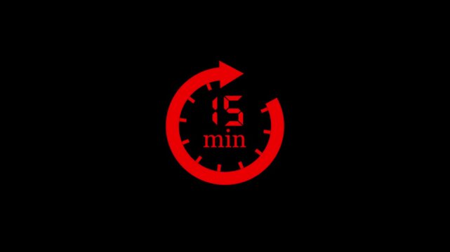 Timer 15 minutes countdown clock with circular arrow on Transparent background arrow clock icon animation. 4k video.. 