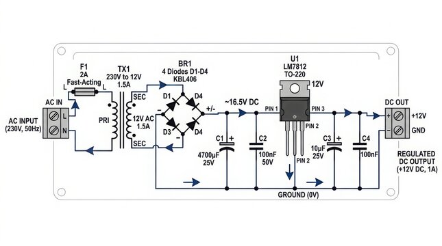 Electronic power supply circuit diagram for pcb design and connection