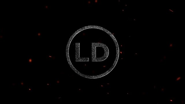 Glowing metallic initials LD inside a circle with floating fiery embers