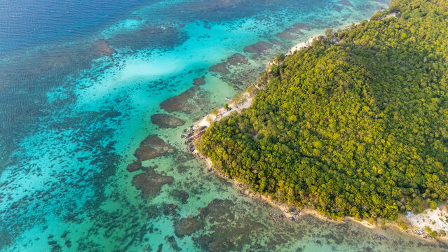 Aerial view of a lush tropical island with dense green forest, pristine sandy beach, and vibrant coral reefs visible through clear turquoise water in Karimunjawa, Central Java, Indonesia.
