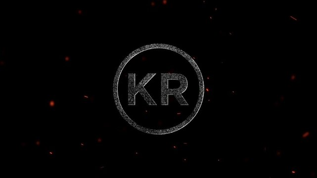 Glowing metallic letters KR inside a circle surrounded by floating ember particles