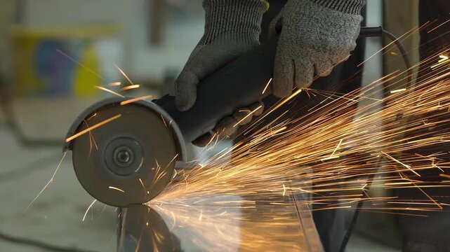 Close-up of a worker cutting a square galvanized ventilation pipe with an angle grinder in 4K slow motion. Intense stream of bright orange sparks flying from the tool during HVAC duct installation