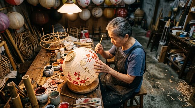 Elderly Asian woman meticulously painting traditional floral designs on a large lantern in her workshop